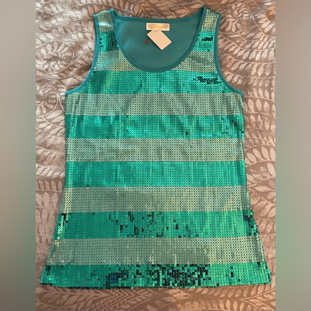 Teal Sequin Striped Tank Top